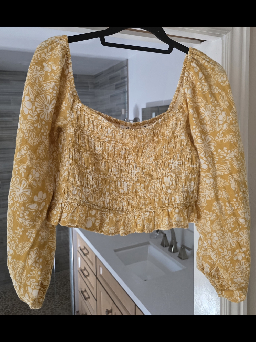 Roxy Yellow Floral Smocked Puff-Sleeve Crop Top